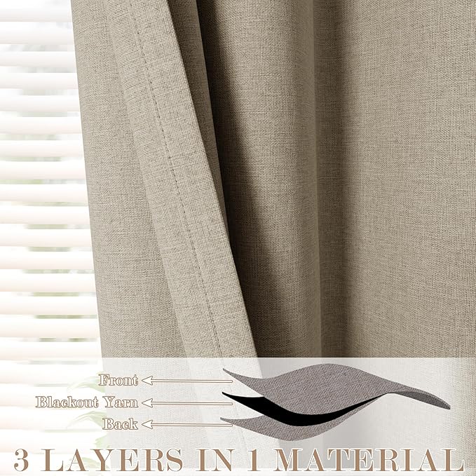 70" W x 108" L Faux Linen Room Divider Curtains, Full Blackout Pinch Pleated Drapes for Traverse Rod, Bedroom Divider Privacy Drapery with Hooks for Ceiling Track, 1 Panel, Light Khaki