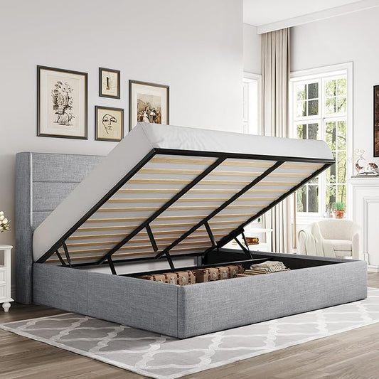 Allewie King Size Lift Up Storage Bed, Modern Wingback Headboard, Hydraulic Support, No Box Spring Needed, Light Grey