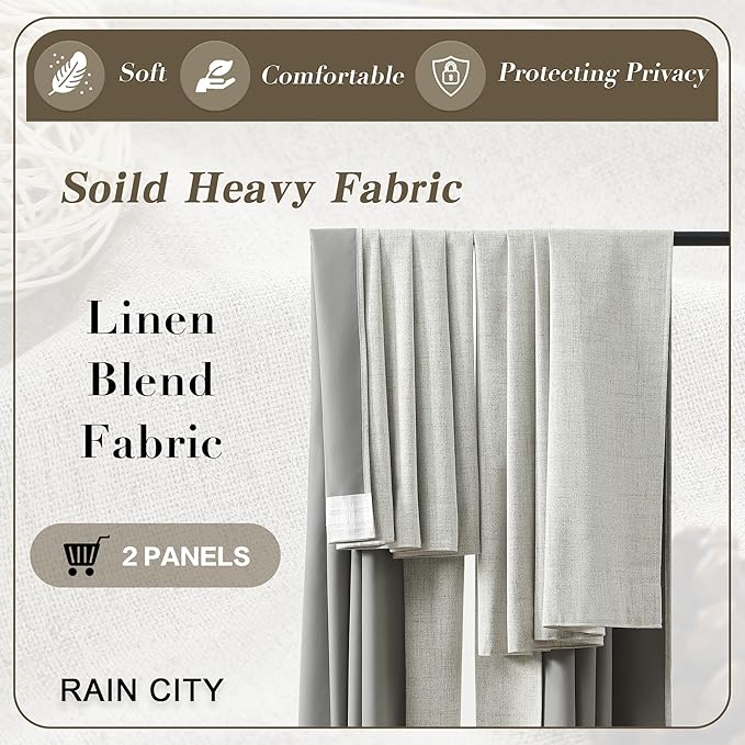 RAIN CITY 2 PCs Extra Wide Linen Blackout Curtains 102 Inches Long,Back Tab Pleaetd Drapes with Hooks Track System Curtain Panels Room Divider Curtains for Patio Sliding Door Living Room 70 x 102