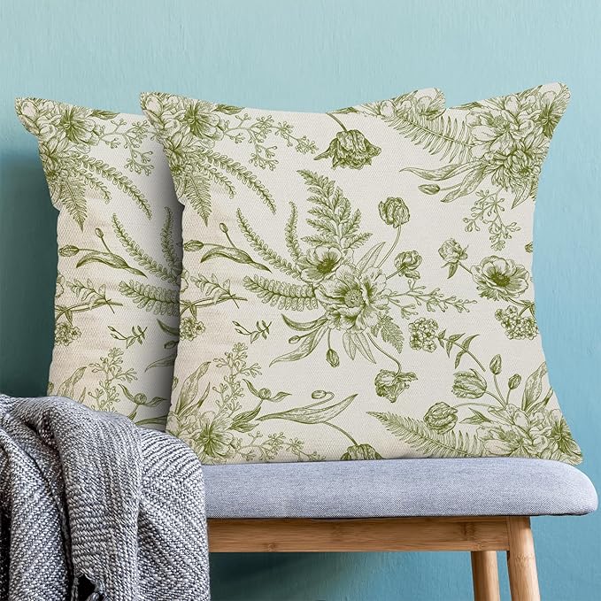 CXMEIFLY Sage Green Floral Leaves Chinoiserie Decorative Throw Pillow Covers Set of 2, 18x18 Inch, Perfect for Living Room, Bedroom, Outdoor Gardens