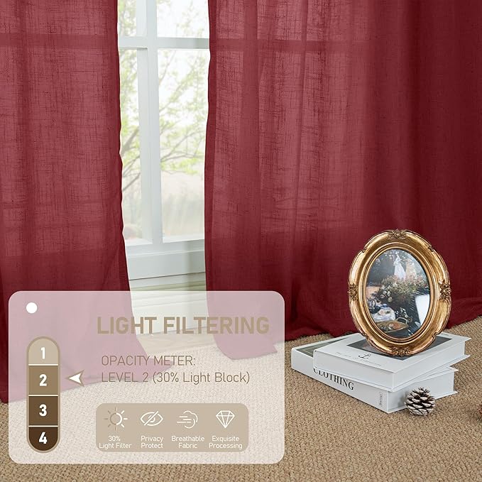 LAMIT Burgundy Red Sheer Linen Curtains 63 Inch Length, Linen Textured Light Filtering Panels Bronze Grommet Christmas Decor Drapes for Bedroom/Living Room, 2 Panels Set, 34 x 63 Inch