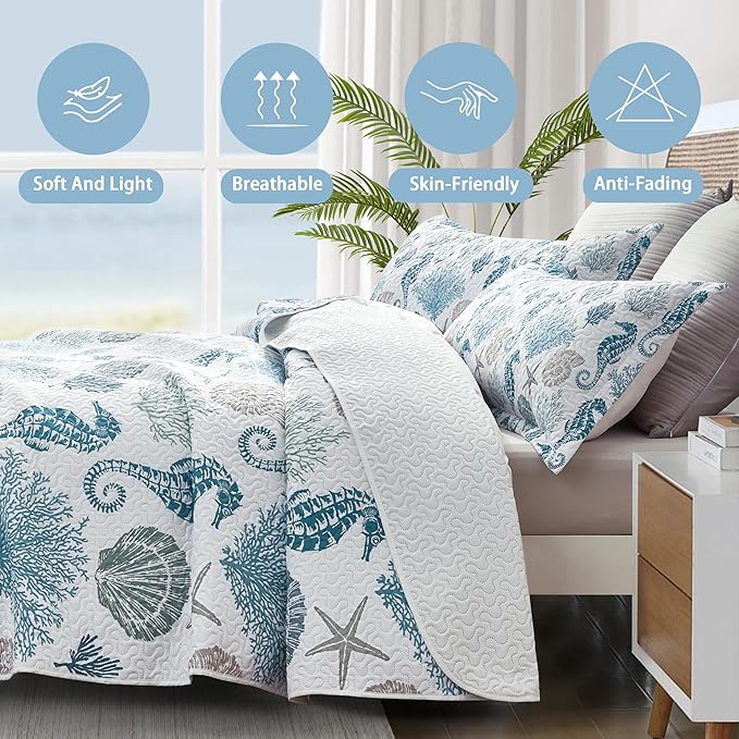 Coastal Bedding Twin Size Coastal Quilt with Shams, Nautical Beach Comforter Sets Ocean Bedspreads Blue Seahorse Coverlet Summer Bedding, 68''x86''