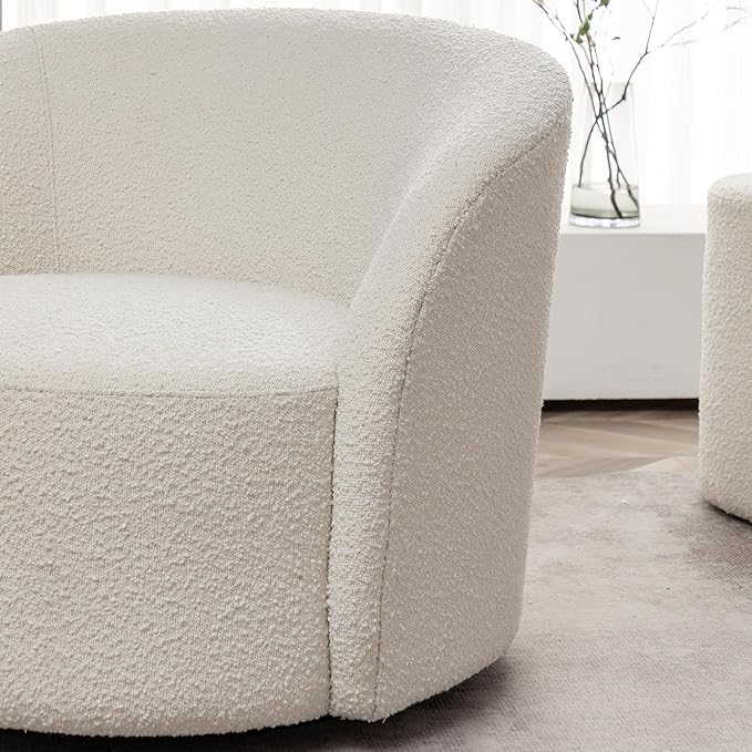 KINWELL 34" W Swivel Barrel Chair Set of 2, Mid Century Modern Round Upholstered Boucle Swivel Accent Chairs, No Assembly Sofa Chair for Living Room Bedroom Reading, Cream