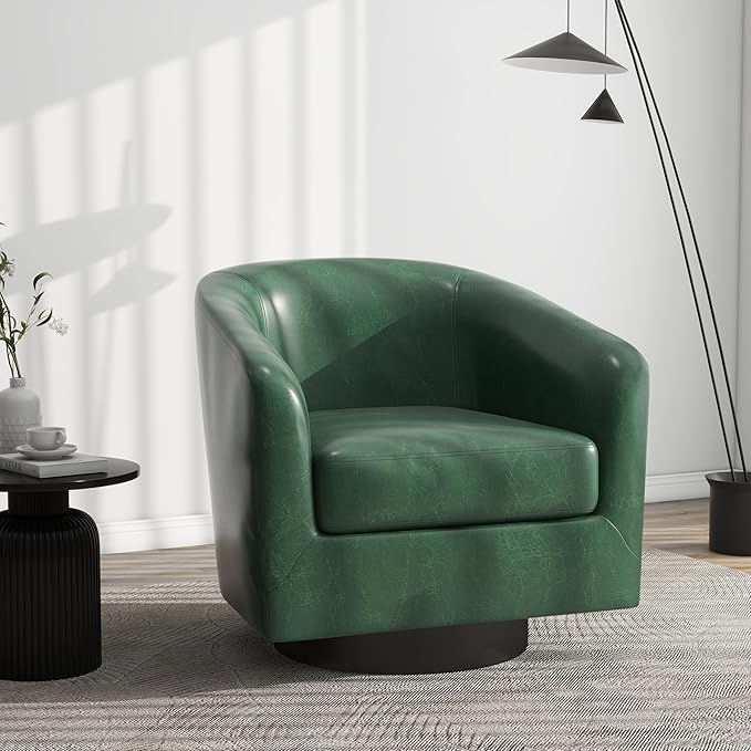 Swivel Barrel Accent Chair, Modern Round Faux Leather Arm Chair for Living Room, Bedroom, Comfy Club Reading Chairs for Adults(Faux Leather, Green, Set of 2)