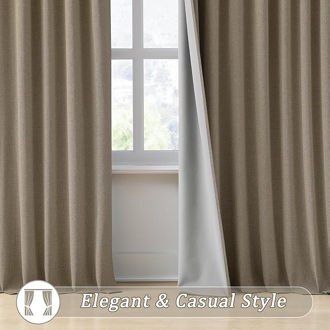 RAIN CITY Linen Brown Extra Long Blackout Curtains 108 Inch Long 9ft, Back Tab Pleated Look Linen Blended Textured Curtains with Hooks for Living Room Track System(W50xL108 in Length,Linen)