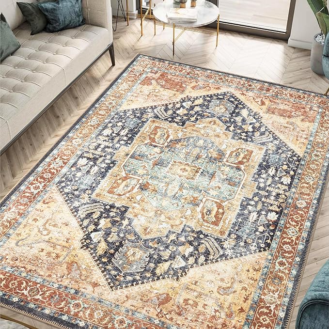 Keen Home Design 5x7 Rug - Machine Washable Area Rug with Non-Slip Backing, Ideal for Living Room, Dining Room, Bedroom - Vintage, Easy Clean, Durable, Low Pile Rug - (5' x 7')