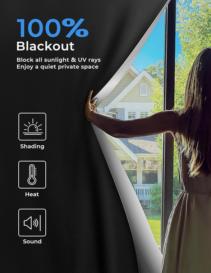 Sumobaby Blackout Curtains for Bedroom 54"x70"Portable Black Out Window Cover with Heat-Resistant Hook&Loop Tape,100% Blackout Shades No Drill Blinds for Windows DIY Cut Fit for Nursery,TV Room(Black)