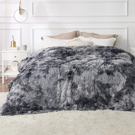 Bedsure GentleSoft Fluffy Sherpa Fleece Faux Fur Blankets Queen Size for Bed, Bedroom Decor Winter Thick Warm Full Queen Blankets, Fuzzy Plush Soft Heavy Mink Tie Dye Grey Bedding Cozy Gifts, 90x90