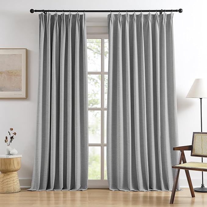 RAIN CITY 84 Inch Long Blackout Curtains 2 Panels Set,70 Inch Wide Back Tab Pleated Curtains with Hooks Track System,Energy Efficinet Linen Blend Drapes for Dining Room Hoom Office 70x84,Grey