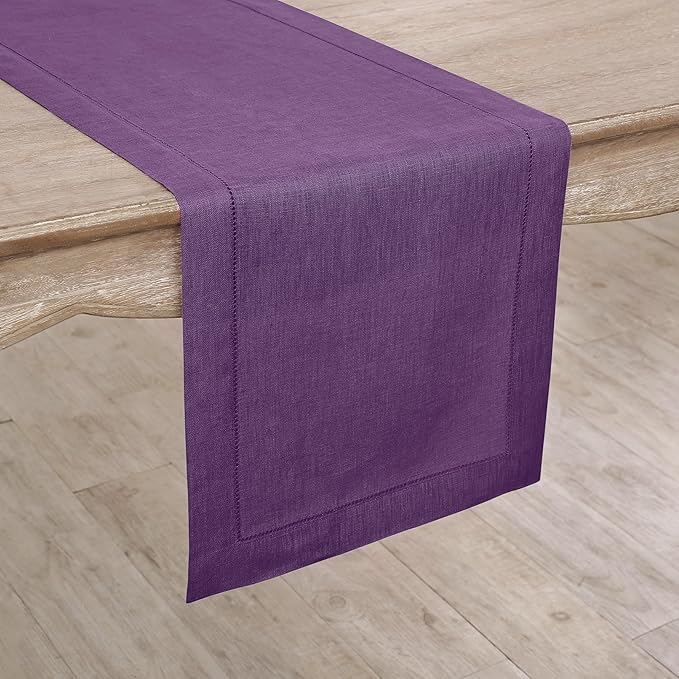 Solino Home Linen Purple Table Runner 60 Inches - Classic Hemstitch, 100% Pure Linen Coffee Table Runner 14 x 60 Inch Ideal for Dresser Tables - Fall, Autumn, Halloween, Thanksgiving