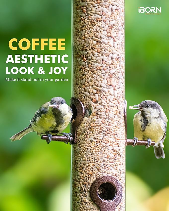 iBorn Metal Bird Feeder Hanging Wild Bird Seed Feeder for Mix Seed Blends Heavy Duty All Metal Coffee Finish,14 Inch 6 Port(Seed is not Included)