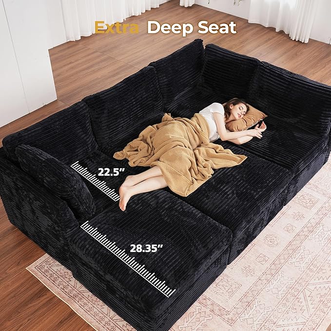 HOOOWOOO Modular Sectional Sofa,5 Pieces Sectional Couches for Living Room,98X66 L Shaped Cloud Couch with Ottoman Chaise Set(Black Velvet Corduroy)