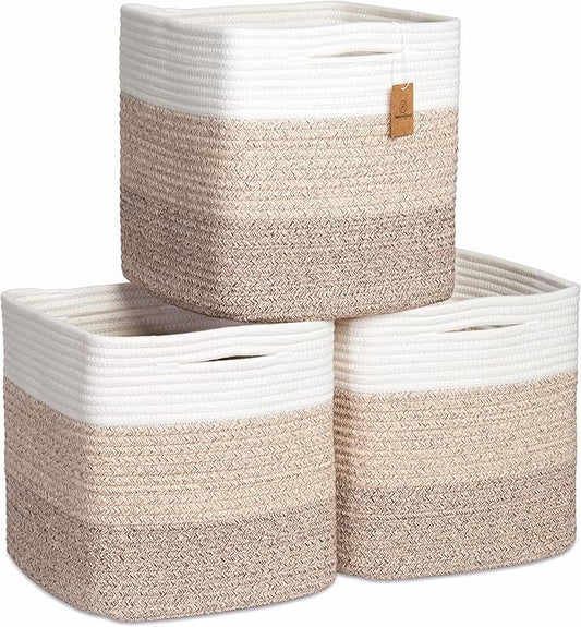 NaturalCozy Storage Cubes 11 Inch Cotton Rope Woven Baskets for Organizing, 3-Pack | Cube Storage Bin | Square Storage Baskets for Shelves Organizer, Classroom, Kids Toy Bins, Closet, Baby Nursery