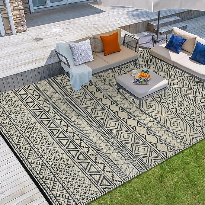 GAOMON Outdoor Rug for Patio 5'x8' Reversible Plastic Rugs Camping Mat for Outdoor, RV, Backyard, Deck, Balcony, Picnic, Beach, Black/Coffee(Bohemia)