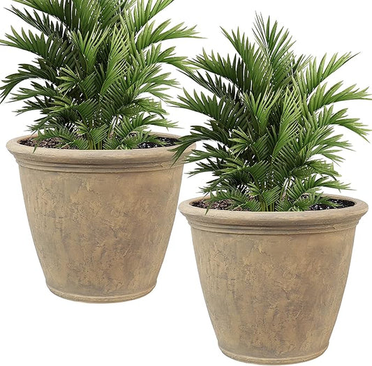 Sunnydaze 24-Inch Anjelica Large Plastic Pot for Plants - Outdoor Polyresin Round Planter with Drillable Drainage Holes - Beige - 2pk
