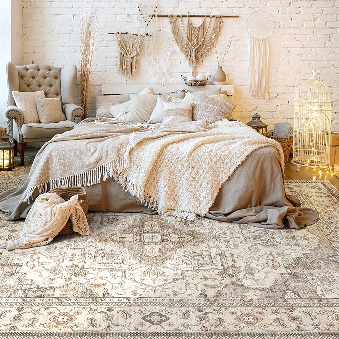 Washable Area Rugs for Living Room - 8x10 Neutral Vintage Distressed Floral Farmhouse Boho Large Soft Floor Rug Indoor Non Slip Carpet for Bedroom Dining Room Office - Brown/Multi
