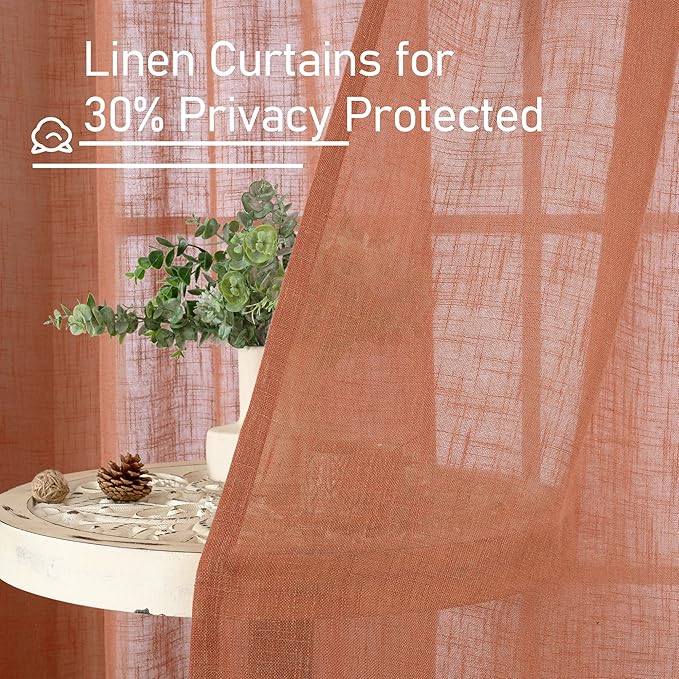 LAMIT Linen Sheer Curtains 95 inch for Living Room, Soft Thick Light Filtering Boho Window Textured Neutral Drapes with Bronze Grommet for Bedroom/Farmhouse, 2 Panels, 52 x 95 Inch, Terracotta
