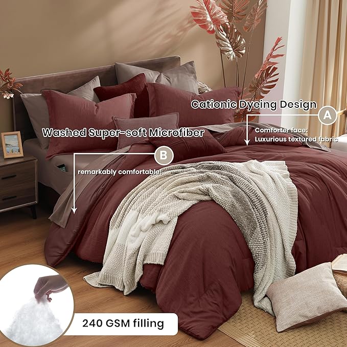 Monbix Full Size Comforter Set, Dark Red Bedding Comforter for Full Size Bed Set Reversible, Bedding Sets Full 7 Pieces, Cationic Dyeing Bed in a Bag with Comforter, Sheets, Pillowcases & Shams