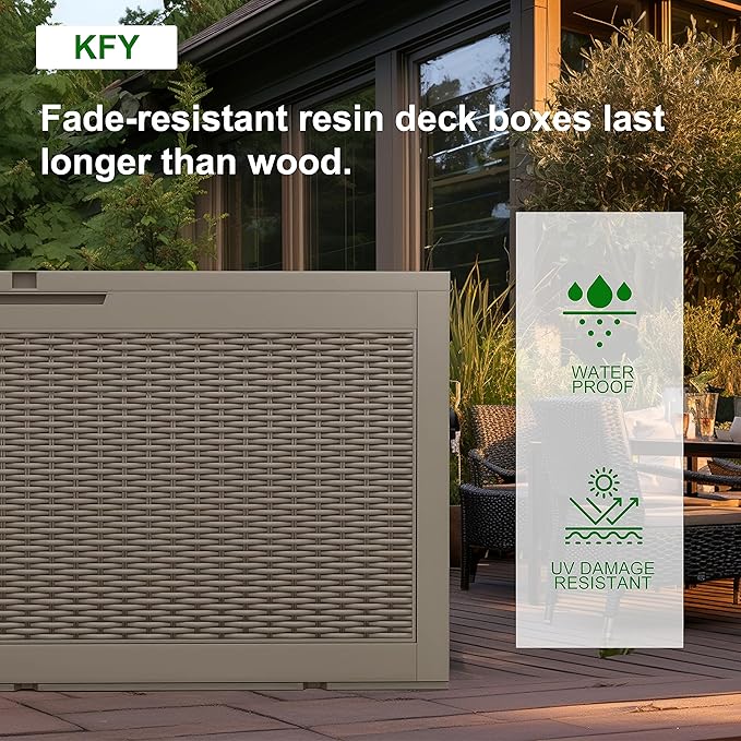 DRATO 260 Gallon Deck Box, Outdoor Large Waterproof Resin Storage Box with Lockable Lid for Patio Cushions, Gardening Tools, Sports Equipment, Light Brown