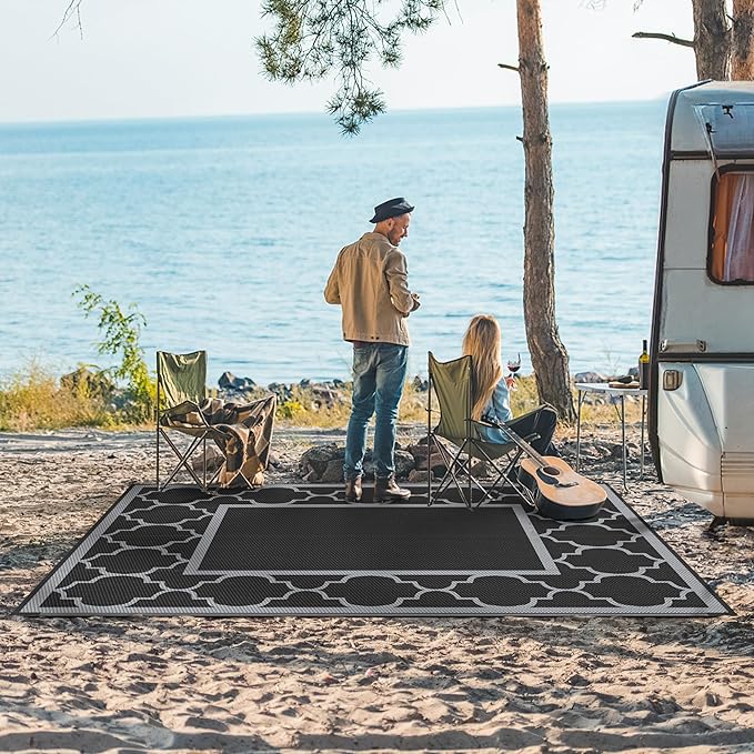 GENIMO 8' x 10' Outdoor Rug Patio Waterproof, Reversible Plastic Straw Area Rugs Mat for Camper Decor, Outside Carpet for Camping, Rv, Deck, Porch, Picnic, Beach, Balcony, Black & Grey