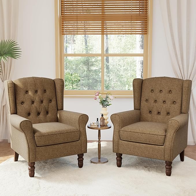 Lumibee High Back Accent Chair Set of 2,Upholstered Wingback Armchair with Solid Wood Legs for Small Spaces,Comfy Single Sofa Chair for Living Room,Bedroom,Office-Brown