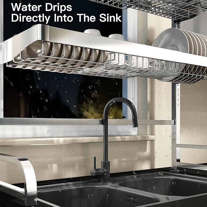 3 Tier Extra Large Stainless Steel Expandable Over The Sink Dish Drainer Drying Rack, Rust Proof Metal, Space Saving, Modern Silver Big Capacity Extendable Plate Strainers Above Kitchen Counter