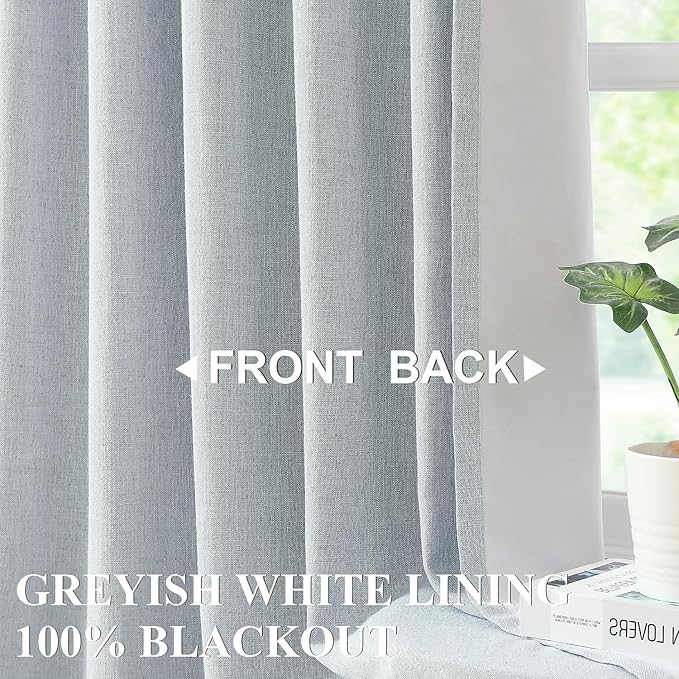 Vision Home Blue Fog Pinch Pleated Full Blackout Curtains Linen Blended Room Darkening Window Curtains 90 inch for Living Room Bedroom Thermal Insulated Pinch Pleat Drapes with Hooks 1 Panel 60"Wx90"L