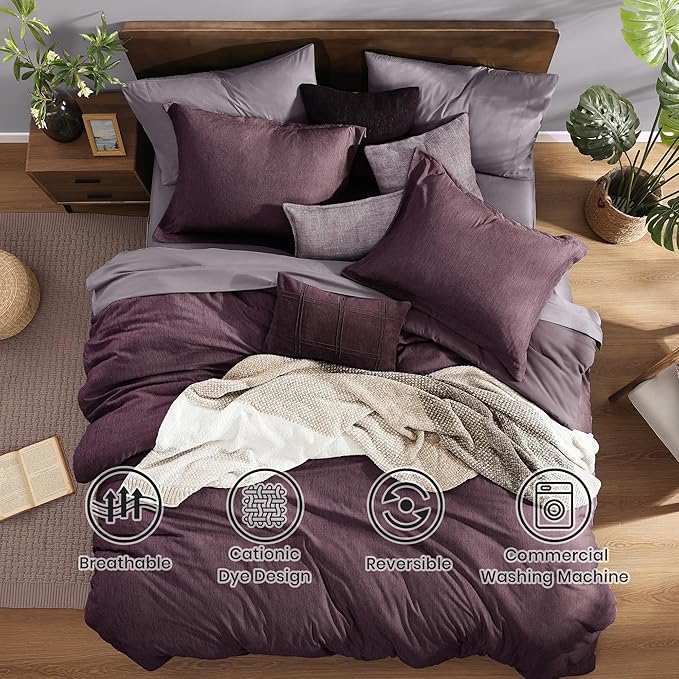 Monbix Queen Comforter Set - 7 Pieces Cationic Dyeing Italian Plum Bed in a Bag Queen Bedding Sets with Comforter, Sheets, Pillowcases & Shams, Reversible Bedding Comforters Sets