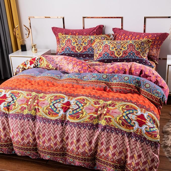 ABREEZE Bohemian Duvet Cover Set Colorful Orange Boho Retro Bedding Set Damask Paisley Cotton Duvet Cover Tribal Reversible Bedding Exotic Style Comforter Cover 3-Piece King
