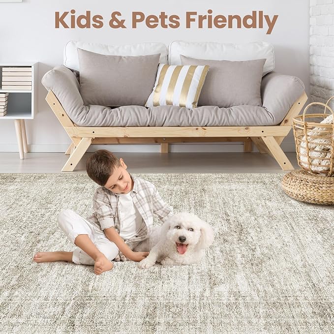 Washable Area Rugs for Living Room -8x10 Neutral Vintage Distressed Floral Farmhouse Boho Large Soft Floor Rug Indoor Non Slip Carpet for Living Room Bedroom Dining Room Office-Beige