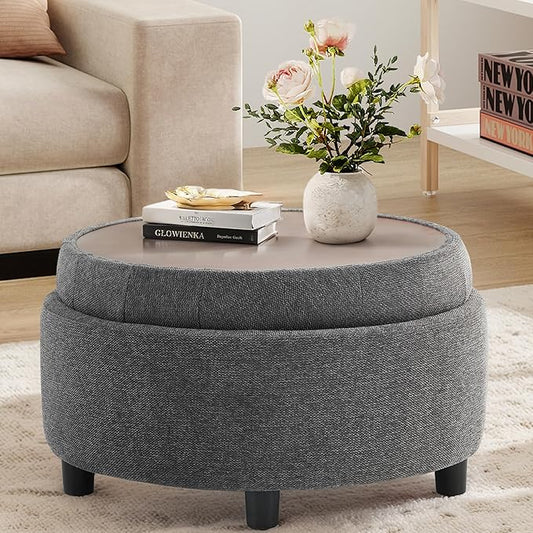 COLAMY Fabric Round Storage Ottoman with Reversible Tray Lid – Multi-Functional Footrest, Hidden Storage, Sturdy & Stylish Small Coffee Table for Living Room, Bedroom, or Entryway(Dark Grey)