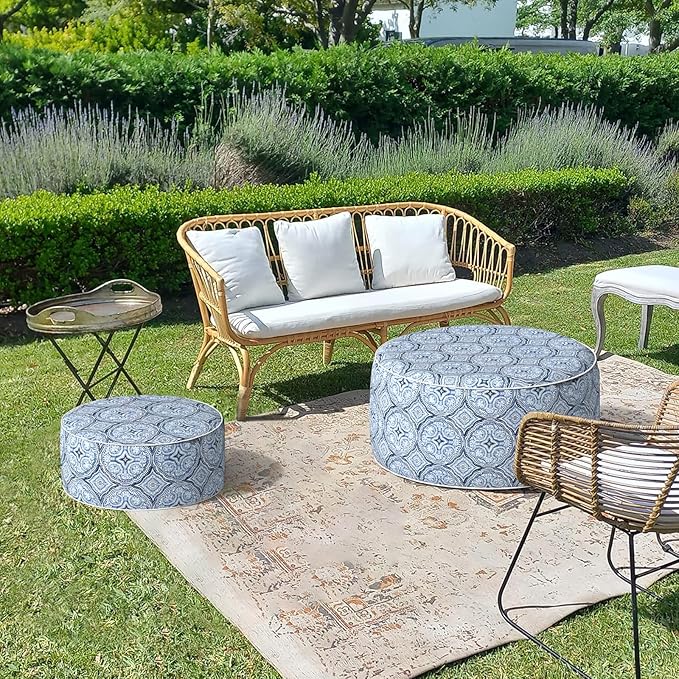 LVTXIII Outdoor Inflatable Ottoman, Fade-Resistant Round Footrest Stool D31”x H14”, Portable Patio Pouf for Garden Camping or Home Use, Medallion Blue