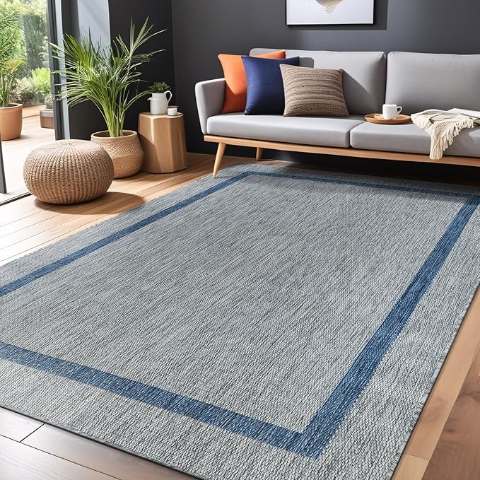 Bordered Outdoor Rug 6x9 Washable Outside Carpet for Indoor Patio Porch Waterproof Easy Cleaning Non Shedding Area Rugs Silver Gray - Blue 6 x 9