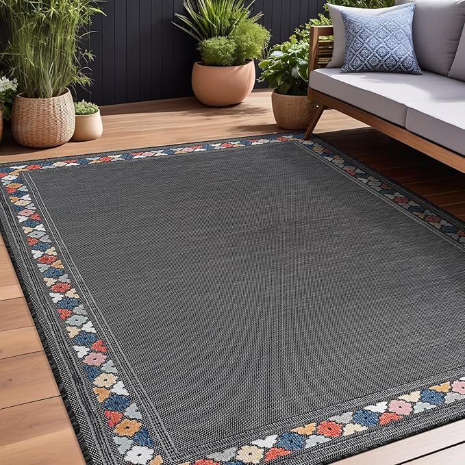 Beverly Rug Outdoor Rug 6x9 Modern Bordered Area Rugs for Indoor and Outdoor Patio Easy to Clean Non Shedding Living Room Porch Garden Washable Outside Carpet (6 x 9 Dark Gray)