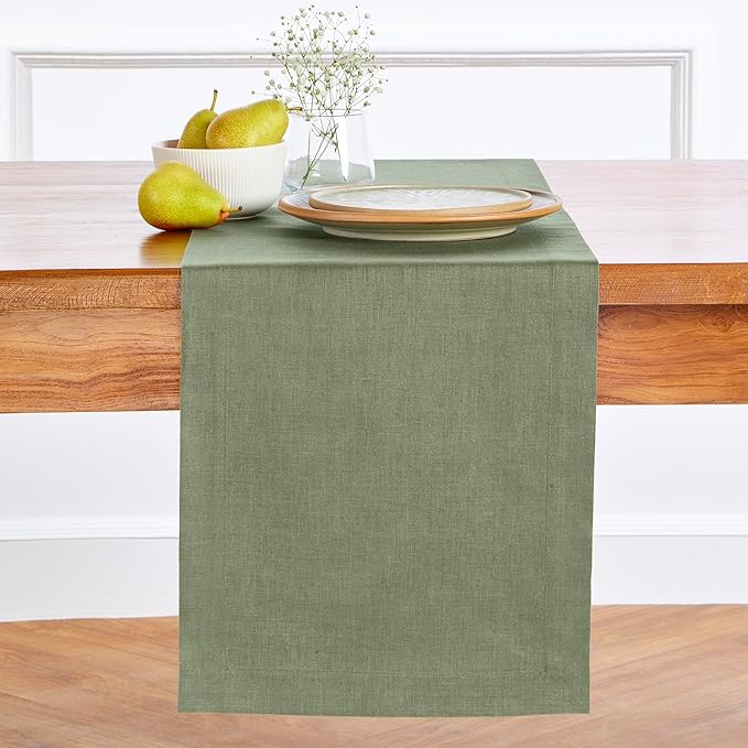 Solino Home Linen Table Runner 36 Inches - 100% Pure Linen Oil Green Table Runner 14 x 36 Inch Ideal for Dresser and Coffee Tables - Fall, Autumn, Thanksgiving - Fete