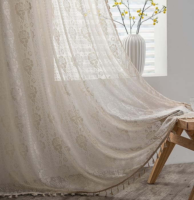 Sutuo Home Beige Boho Curtains for Bedroom Kid's Room,Bohemian Crochet Floral Embroidery Sheer Lace Curtains With Tassels Vintage Rustic Window Treatment Country Drape Rod Pocket 1 Panel 59" W x 90" L
