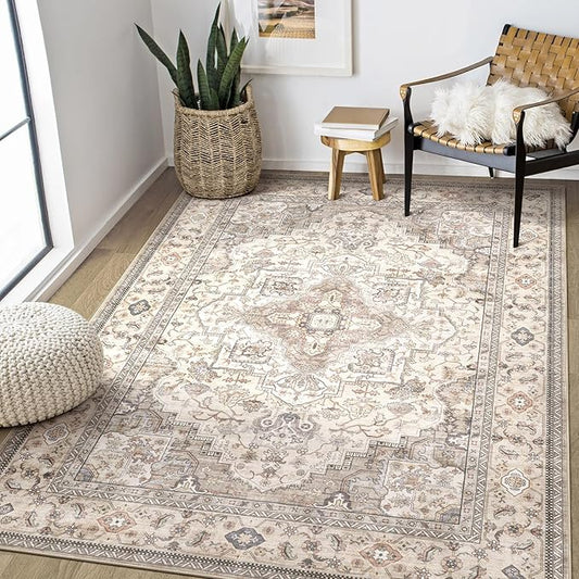 Washable Area Rugs for Living Room - 5x7 Neutral Vintage Distressed Floral Farmhouse Boho Large Soft Floor Rug Indoor Non Slip Carpet for Bedroom Dining Room Office - Brown/Multi