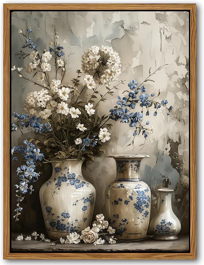 Floating Framed Farmhouse Floral Canvas Wall Art, Vintage Blue and White Flower Pictures Wall Decor, Elegant Art Jar Posters Print for Living Room Bedroom Bathroom Rustic Decor 12x16 inch
