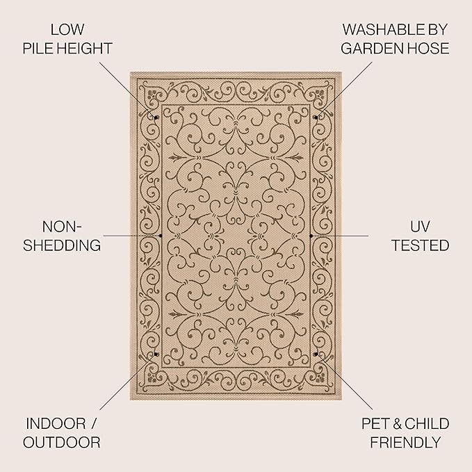 JONATHAN Y Vintage Filigree Indoor Outdoor Square Area Rug 4X4 Beige/Brown, Charleston Textured Weave for Backyard, Patio, Porch, Easy-Cleaning, High Traffic, Pet-Friendly, Non-Shedding (SMB106A-4SQ)