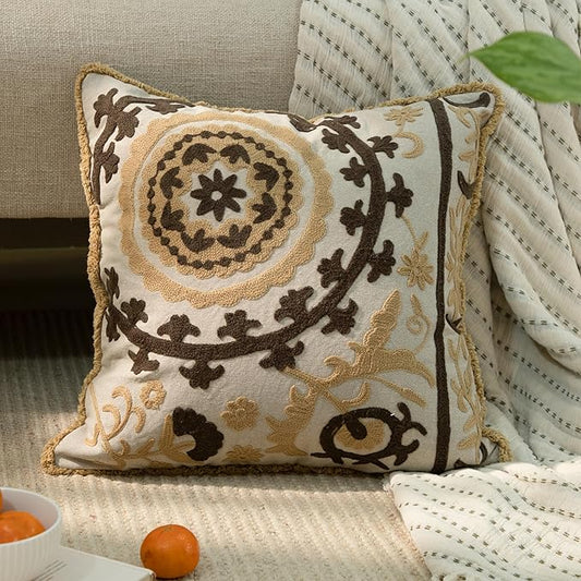 Embroidered Floral Mandala Vintage Indian Cotton Decorative Embroidery Throw Pillow Covers, Fringes Lace Cushion Cover, Pillow Case for Sofa Couch Bed Chair 18" x 18"