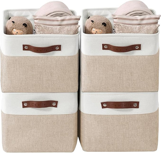 DECOMOMO Storage Bins Fabric Storage Baskets for Shelves, Linen Closet Organization Toys Nursery (Beige and White, Large - 4 Pack)