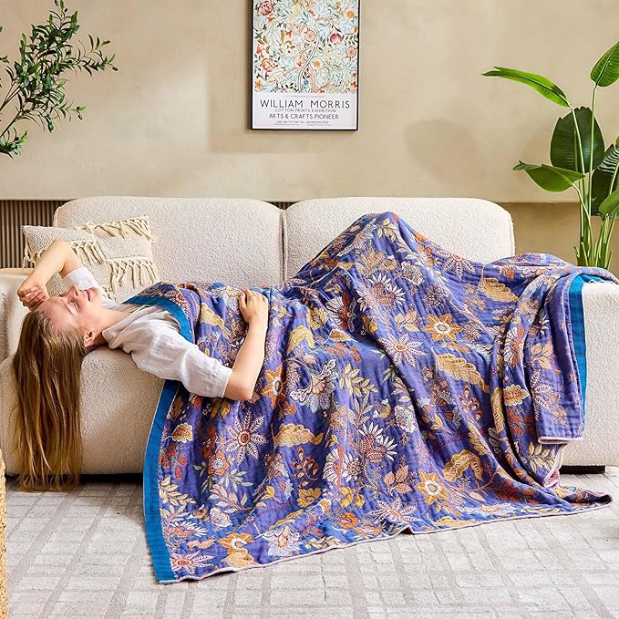 Boho Blanket, 100% Cotton Farmhouse Decorative Throw Blanket, 80"x90" Reversible Bohemian Throw Blanket, Purple All Season Muslin Breathable Woven Blankets Quilt