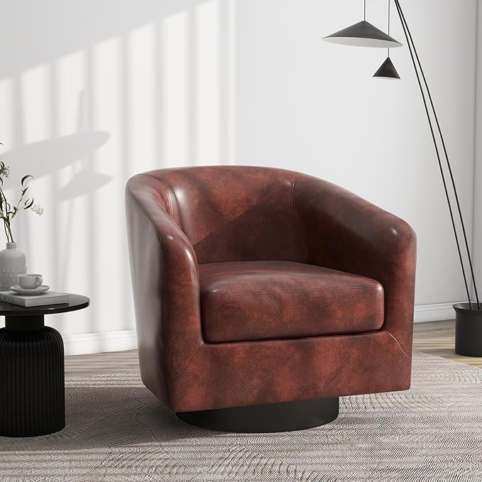 Swivel Barrel Accent Chair, Modern Round Faux Leather Arm Chair for Living Room, Bedroom, Comfy Club Reading Chairs for Adults(Faux Leather, Red Brown, Set of 1)