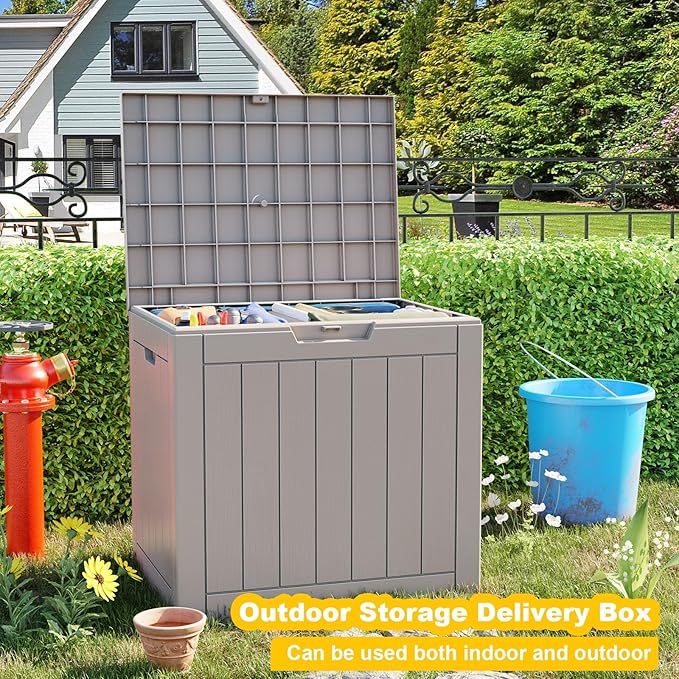 Vixzen 30 Gallon Resin Deck Box, Lockable Outdoor Storage Box for Patio Cushions Storage Furniture,Garden Tools, Pool Supplies, Weatherproof and UV Resistant- Grey