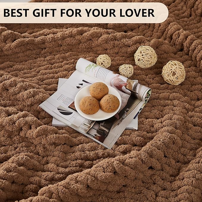 L'AGRATY Chunky Knit Blanket Throw: 80''x90'' Chenille Chunky Knitted Throw Blanket for Bed Couch - Handmade Thick Big Cable Knit Blanket - Large Chunky Crochet Rope Blanket for Home Decor(Brown)