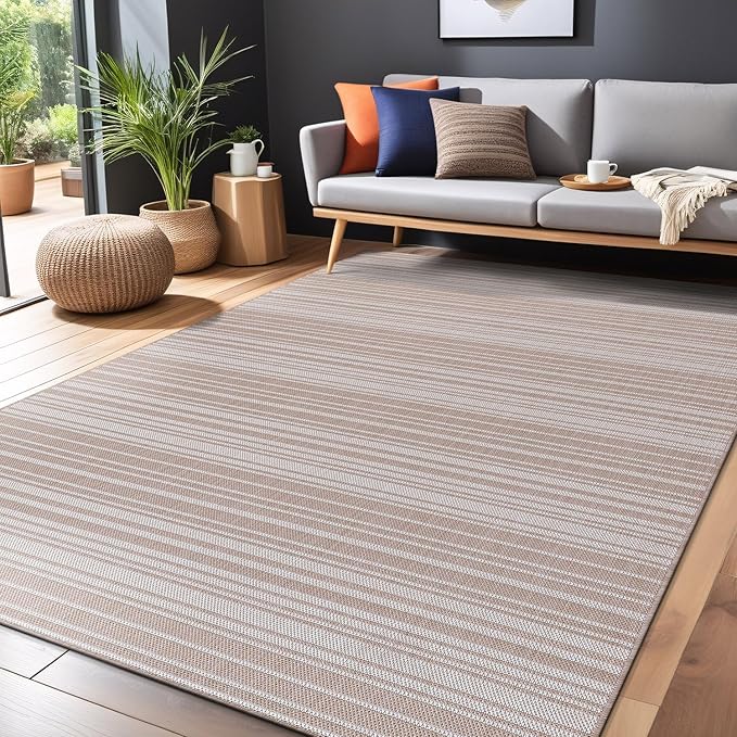 Stripe Outdoor Rug 8x10 Washable Outside Carpet for Indoor Patio Porch Waterproof Easy Cleaning Non Shedding Area Rugs Beige 8 x 10