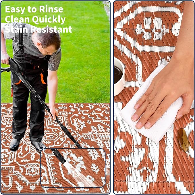 Outdoor Rug 9x12 Waterproof Reversible Plastic Straw Patio Rug, Stain-Resistant Vintage Medallion Carpet, Large Easy-Cleaning Indoor Outdoor RV Mat for Deck, Camping, Balcony, Terracotta Brick/White