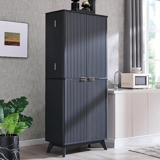 OKD Fluted Kitchen Pantry, 72" Tall Mid Century Modern Storage Cabinet with Adjustable Shelves & Door Organizer, Wood Cabinet for Kitchen, Living Room, Dark Grey
