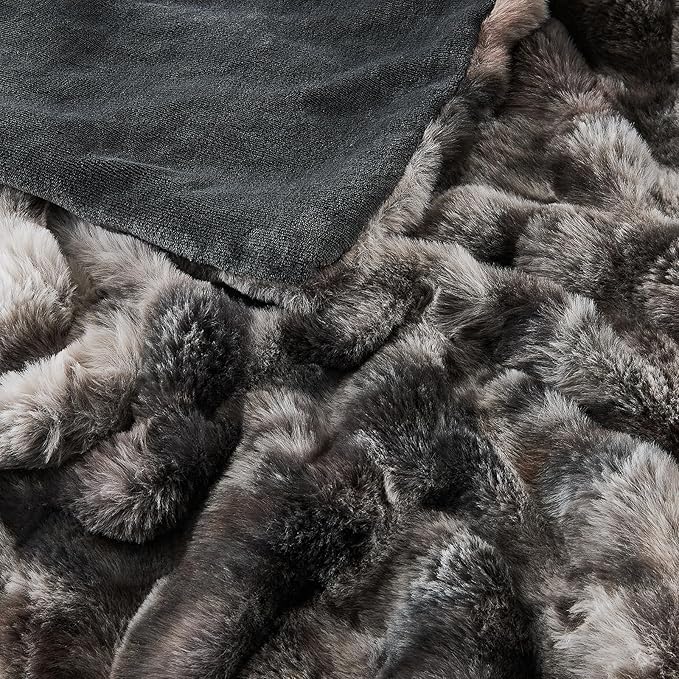 Lotus Karen Faux Fur Blanket Tie-Dye Dark Gray Twin Size - Big Bubble Rabbit Fluff Throw for Couch Small Fluffy Fuzzy Cozy Thick Furry Plush Shaggy Blankets 90x90 Inches