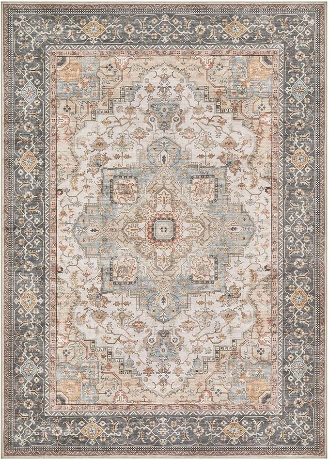 Washable Area Rugs for Living Room - 5x7 Neutral Vintage Distressed Floral Farmhouse Boho Large Soft Floor Rug Indoor Non Slip Carpet for Bedroom Dining Room Office - Forest Green Orange